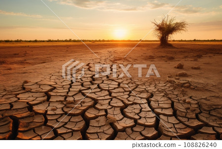 Drought: Cracked earth in what used to be a body of water or a lush area, portraying the severity of drought conditions. 108826240