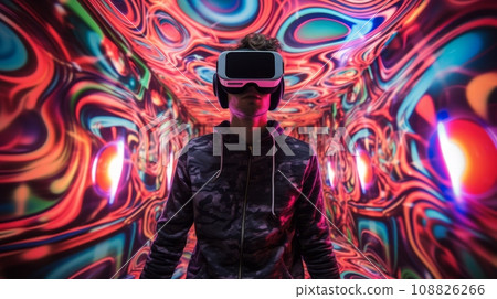 A young man in virtual reality with psychedelic patterns in the background. 108826266