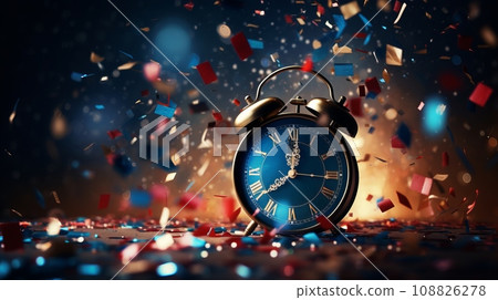 Classic alarm clock and confetti and streamers on dark background 108826278