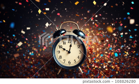 Vintage alarm clock and confetti and streamers on dark background 108826280