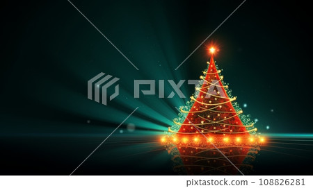christmas tree with lights and rays on green dark background, illustration christmas tree with lights and rays on green dark background, illustration 108826281