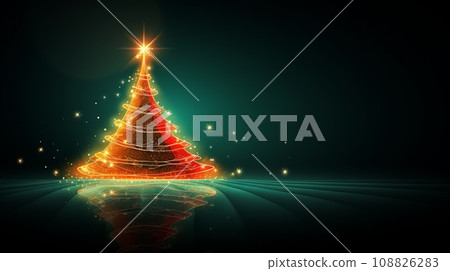 christmas tree with lights and rays on dark background, illustration 108826283