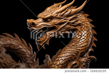 Wooden Chinese dragon symbol of the 2024 year: An artistic representation of a dragon from the Chinese zodiac carved from wood. Wooden Chinese dragon symbol of the 2024 year: An artistic representation of a dragon from the Chinese zodiac carved from wood. 108826295