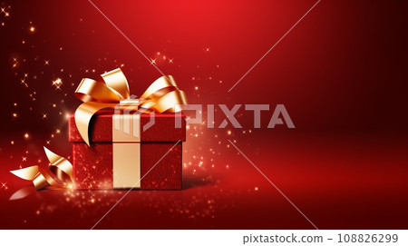 Red gift box with golden bow on red background. Red gift box with golden bow on red background. 108826299