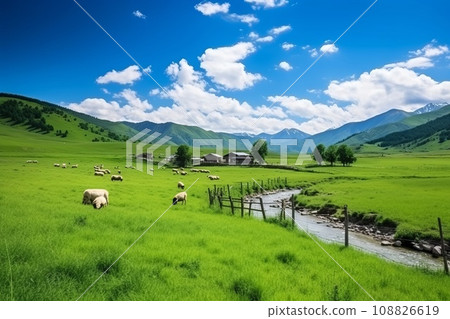 Grazing dairy sheep AI generated image AI image 108826619