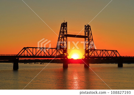 [Saga Prefecture] Evening view of Chikugo River Lift Bridge 108827193