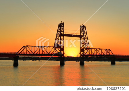 [Saga Prefecture] Evening view of Chikugo River Lift Bridge 108827201