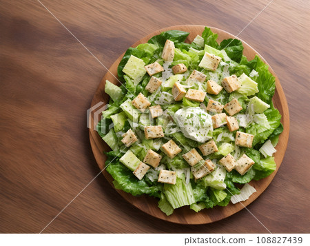 Caesar salad with grilled chicken meat, lettuce and cheese, shot from the top on the wooden table background 108827439