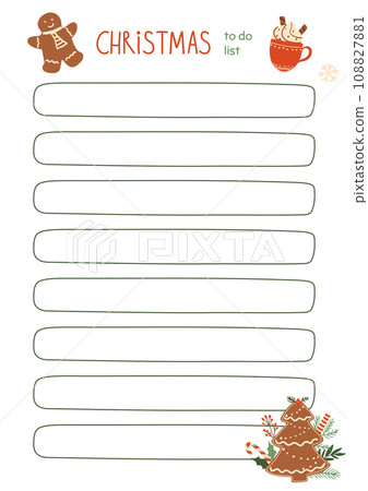 Christmas to do list decorated Christmas gingerbread cookies and cup of hot chocolate. Vector winter bucket list template. 108827881