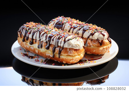 Fresh eclairs with chocolate covered on a white plate Fresh eclairs with chocolate covered on a white plate 108828032
