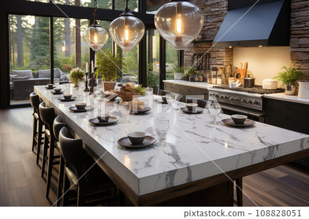 Marble dining table in the kitchen in a country house 108828051