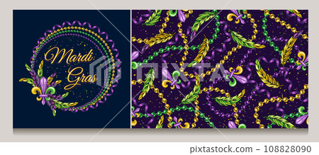 Set of pattern, circular frame with strings of beads, feather, fleur de lis sign, text. Vector illustration for Mardi Gras carnival. For prints, clothing, t shirt, holiday goods, stuff, surface design 108828090