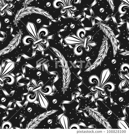 Seamless black and white pattern with fleur de lis, party streamer, ribbons, feathers, beads. Mardi Gras carnival design. Vintage illustration on black textured background. 108828100