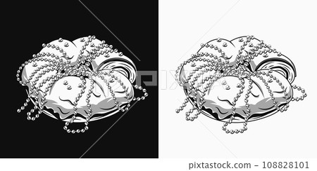 Mardi Gras traditional king cake, roll with strings of beads. Vintage monochrome illustration on black, white background. 108828101