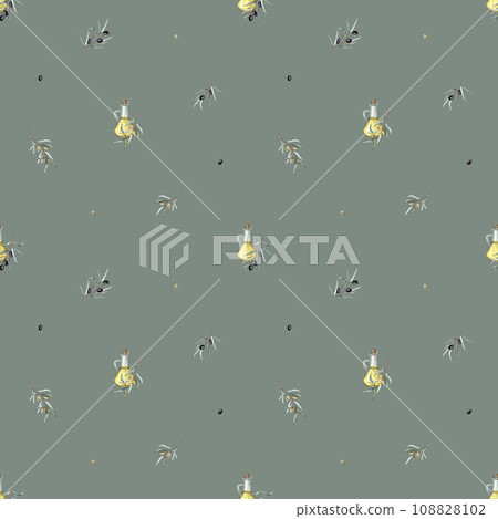 Seamless pattern with Olive oil in glass bottle. Hand drawn illustration isolated background. Natural fresh organic yellow vegetable oil in jar realistic watercolor image. Pure vegan seasoning. 108828102