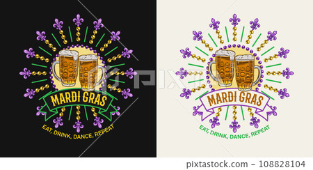 Carnival circular Mardi Gras label with full frothy glass of beer, Fleur de Lis, beads, ribbon, text. For prints, clothing, t shirt, surface design. Vintage illustration. Not AI 108828104