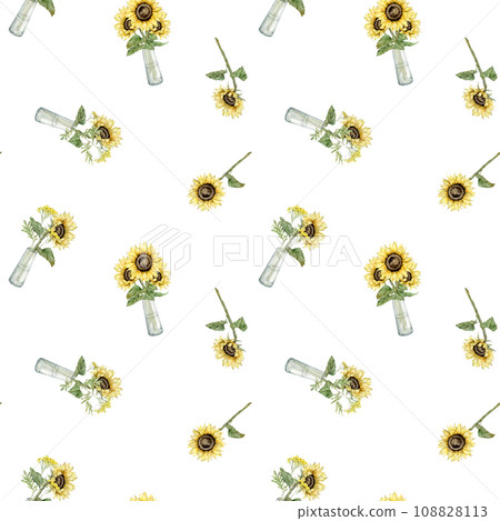 seamless pattern with hand drawn watercolor sunflowers and tansy in a pot. autumn set Hand painted isolated on background. Floral illustration with glass jar for design 108828113