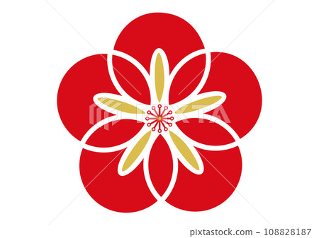 梅花圖示 華麗的紅色和金色梅花花瓣標記材料插圖 梅花圖示 華麗的紅色和金色梅花花瓣標記材料插圖 108828187