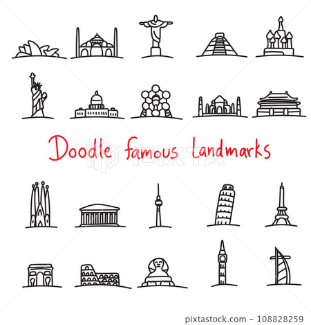 doodle icon set of world landmarks hand drawn isolated on white background 108828259