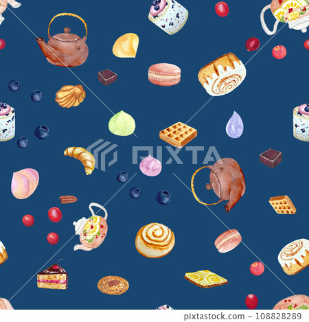 Watercolor teapot and desserts pattern on blue background Watercolor teapot and desserts pattern on blue background 108828289