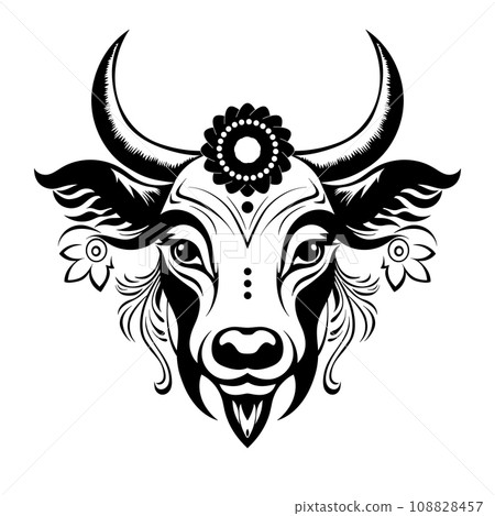 Cow head with flowers. Vector illustration for tattoo or t shirt design. Cow head with flowers. Vector illustration for tattoo or t shirt design. 108828457