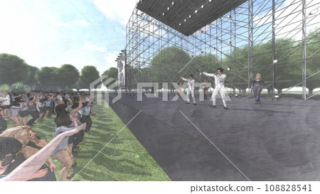 Outdoor live venue event with singer (no stage seat) with audience illustration CG 108828541