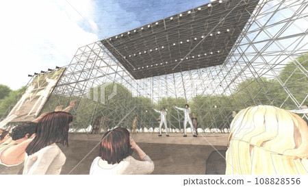 Outdoor live venue event with singer (no stage seat) with audience illustration CG 108828556