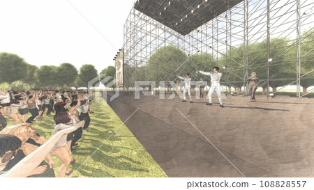 Outdoor live venue event with singer (no stage seat) with audience illustration CG 108828557