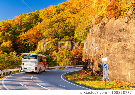 [Tochigi Prefecture] View of Nikko Irohazaka at the peak of autumn leaves and Kurokamidaira at dawn 108828772