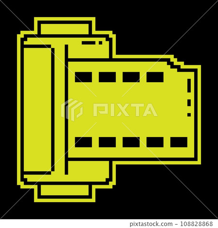 Pixel silhouette icon. cylinder with old 35 mm photo film. World Photography Day August 19th. Simple black and yellow vector Pixel silhouette icon. cylinder with old 35 mm photo film. World Photography Day August 19th. Simple black and yellow vector 108828868