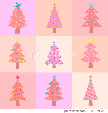 Seamless square pattern with pink Christmas trees of different shapes. Geometric checkered print for wrapping paper, background, wallpaper, posters. Seamless square pattern with pink Christmas trees of different shapes. Geometric checkered print for wrapping paper, background, wallpaper, posters. 108829300