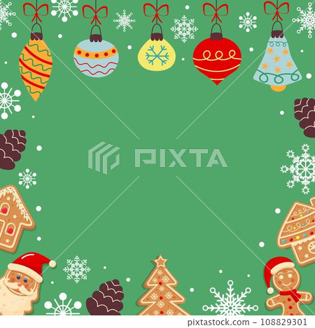 Green background with snowflakes, gingerbreads, baubles and cone. Festive Xmas design. Empty space for your text. Template for cards, banner, poster. Green background with snowflakes, gingerbreads, baubles and cone. Festive Xmas design. Empty space for your text. Template for cards, banner, poster. 108829301