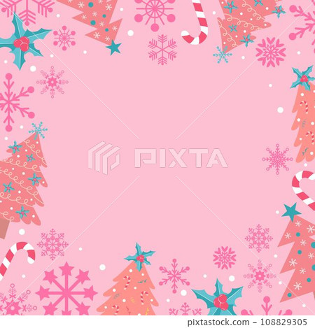 Pastel pink background with snowflakes, Christmas trees, holly berries and candy cane. Festive Xmas design. Glamour pinkmas style. Empty space for your text. Template for cards, banner, poster. 108829305