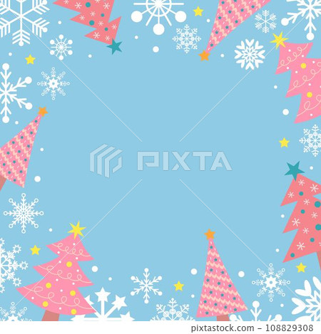 Pastel blue background with white snowflakes, pink Christmas trees and stars. Festive Xmas design. Empty space for your text. Template for cards, banner, poster. Pastel blue background with white snowflakes, pink Christmas trees and stars. Festive Xmas design. Empty space for your text. Template for cards, banner, poster. 108829308