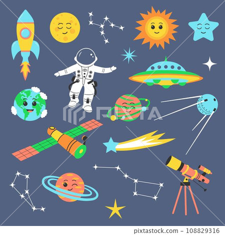 Cute outer space universe set. Cosmic bundle with cartoon planets, spaceship, satellites, astronaut and constellations. Collection of naive stellar stickers. 108829316