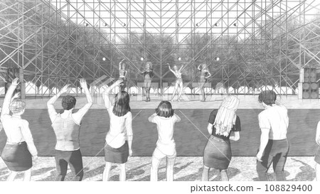 Outdoor live venue event with dancers (stage without seats) with audience Illustration CG Outdoor live venue event with dancers (stage without seats) with audience Illustration CG 108829400