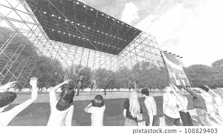 Outdoor live venue event with dancers (stage without seats) with audience Illustration CG Outdoor live venue event with dancers (stage without seats) with audience Illustration CG 108829403
