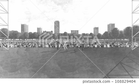 Outdoor live venue event with dancers (stage without seats) with audience Illustration CG 108829404
