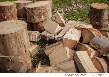 Stack of firewood. Wooden trunk and logs on green grass. Woodpile background. Stacked wood. Wooden texture. Logging storage. Harwood background. Pile of firewood. Preparation for winter. 108829556