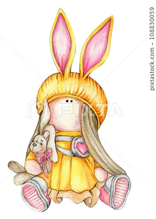Watercolor hand drawn doll Tilda in dress. Hand drawn watercolor illustration . Design for baby shower party, birthday, cake, holiday celebration design, greetings card, invitation, stickers, posters. 108830059