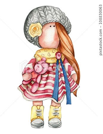 Watercolor hand drawn doll Tilda in dress. Hand drawn watercolor illustration . Design for baby shower party, birthday, cake, holiday celebration design, greetings card, invitation, stickers, posters. Watercolor hand drawn doll Tilda in dress. Hand drawn watercolor illustration . Design for baby shower party, birthday, cake, holiday celebration design, greetings card, invitation, stickers, posters. 108830063