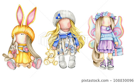 Watercolor hand drawn doll Tilda in dress set. Hand drawn illustration isolated on white. Design for baby shower party, birthday, cake, holiday celebration design, greetings card,invitation. 108830096