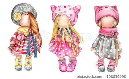 Watercolor hand drawn doll Tilda in dress set. Hand drawn illustration isolated on white. Design for baby shower party, birthday, cake, holiday celebration design, greetings card,invitation. 108830098