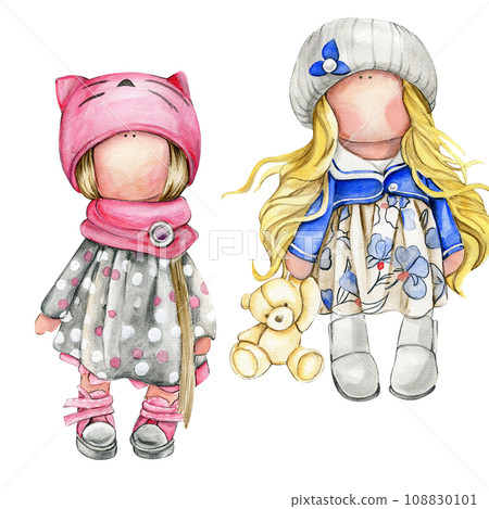 Watercolor hand drawn doll Tilda in dress set. Hand drawn illustration isolated on white. Design for baby shower party, birthday, cake, holiday celebration design, greetings card,invitation. 108830101
