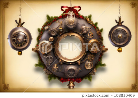 Steampunk Christmas decorations and paraphernalia. Decorations, wreaths on the door with a bell 108830409