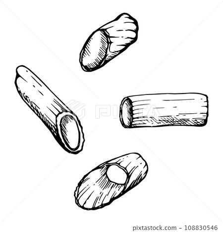 Hand drawn vector ink illustration. Pasta Italian cuisine penne rigatoni traditional dish. Set of single object elements isolated on white. For restaurant, menu, food shop and package, flyer, print. 108830546