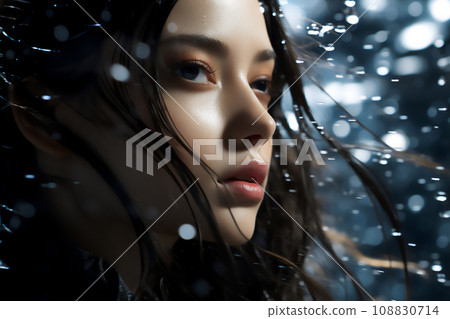 美麗的酷女人，濕漉漉的黑髮，生成 ai 108830714