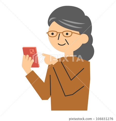 Illustration of a senior woman wearing glasses operating a smartphone Illustration of a senior woman wearing glasses operating a smartphone 108831276