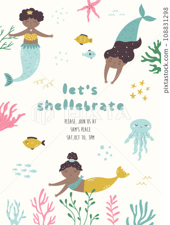 Birthday party, celebration invitation template with mermaid tale and sea animals Birthday party, celebration invitation template with mermaid tale and sea animals 108831298
