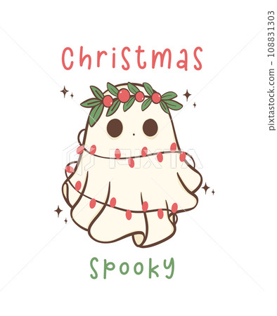 Cute and Kawaii Christmas Ghost. Festive Holiday Cartoon Hand Drawing with adorable pose. Cute and Kawaii Christmas Ghost. Festive Holiday Cartoon Hand Drawing with adorable pose. 108831303